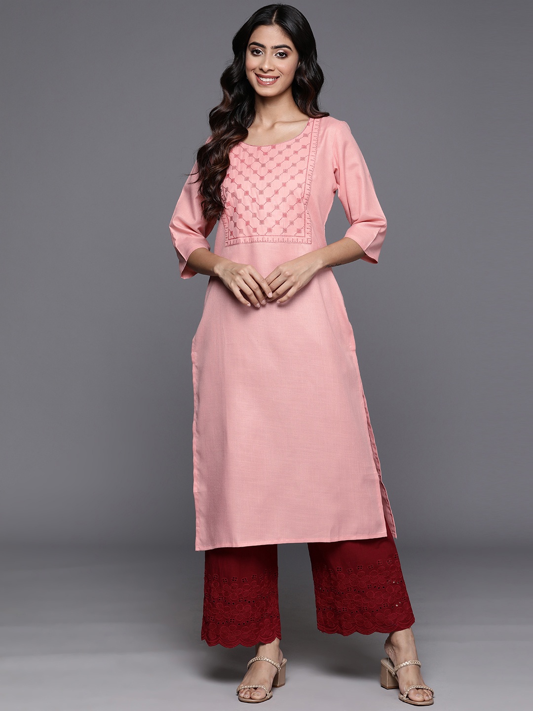 

Libas Women Geometric Yoke Design Thread Work Kurta, Pink