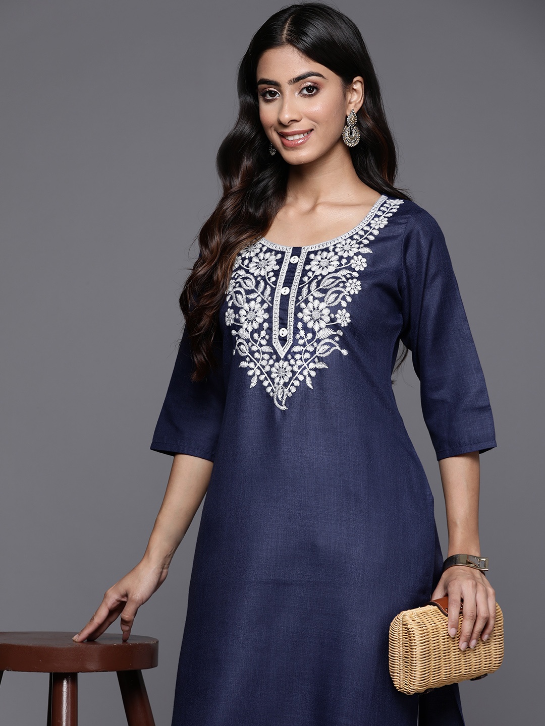 

Libas Floral Yoke Design Thread Work Kurta, Navy blue
