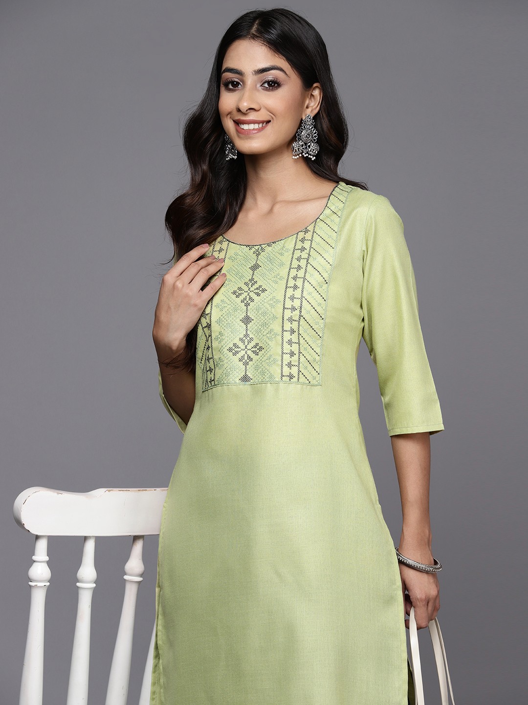 

Libas Geometric Yoke Design Thread Work Kurta, Sea green