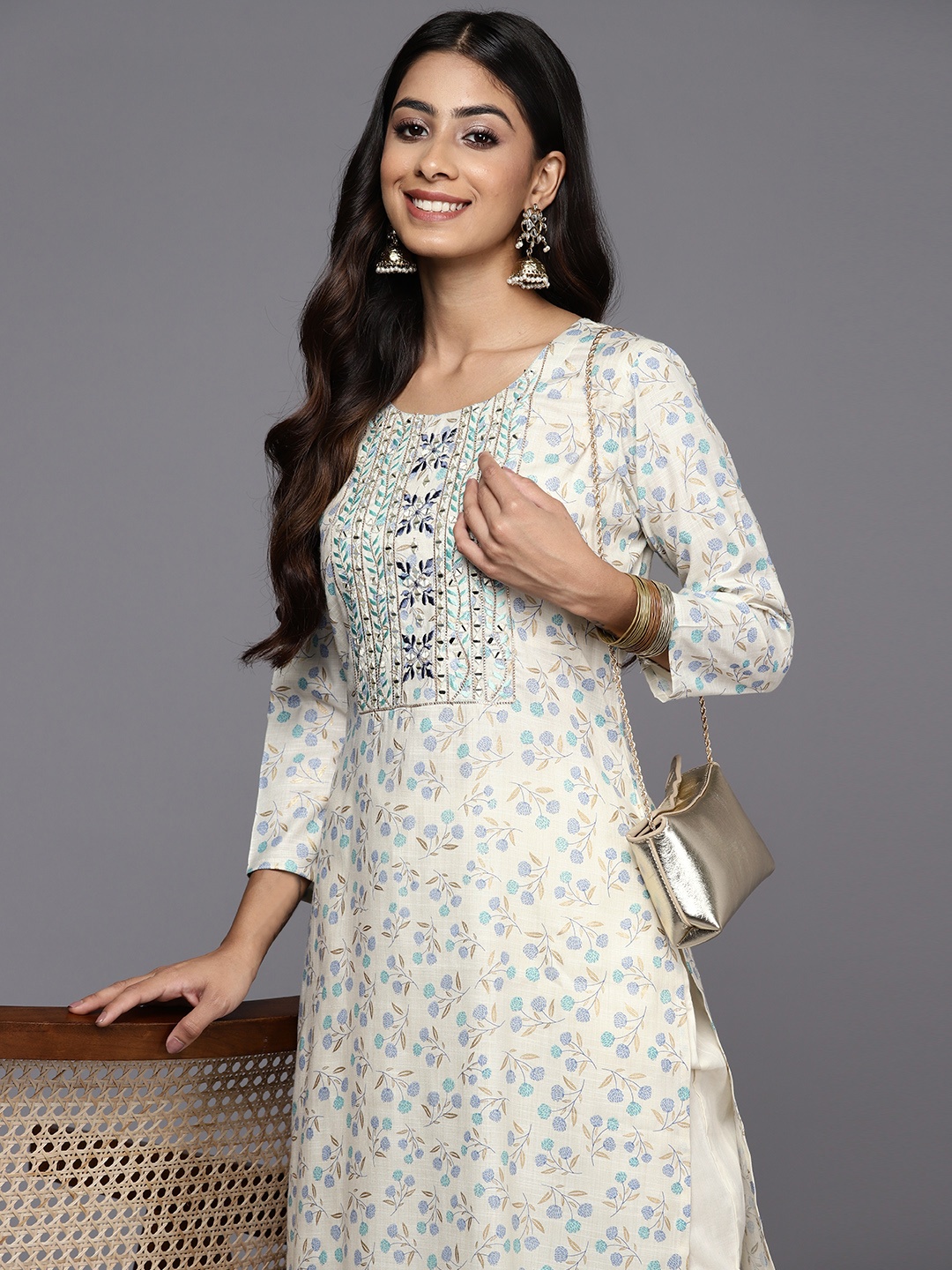 

Libas Women Floral Yoke Design Mirror Work Cotton Kurta, Off white