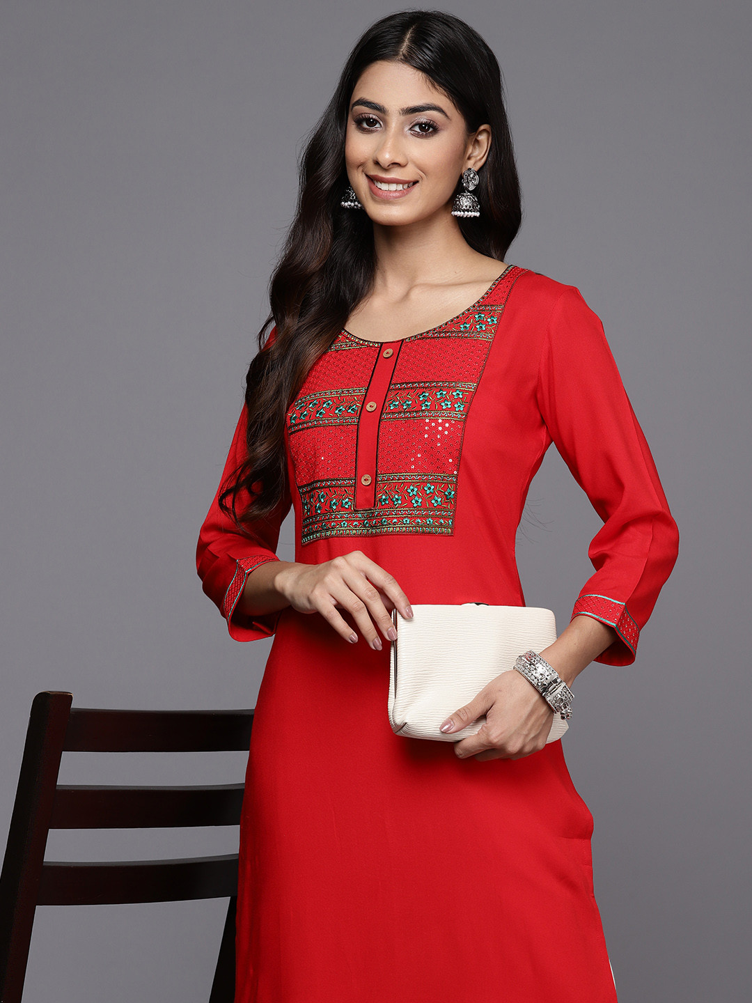 

Libas Women Floral Yoke Design Sequinned Kurta, Red