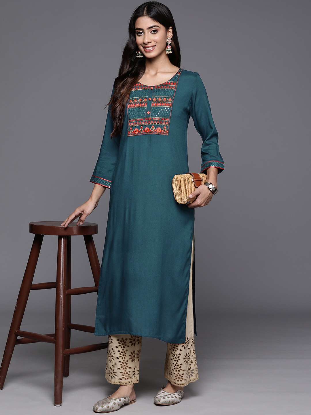 

Libas Floral Yoke Design Sequinned Kurta, Teal