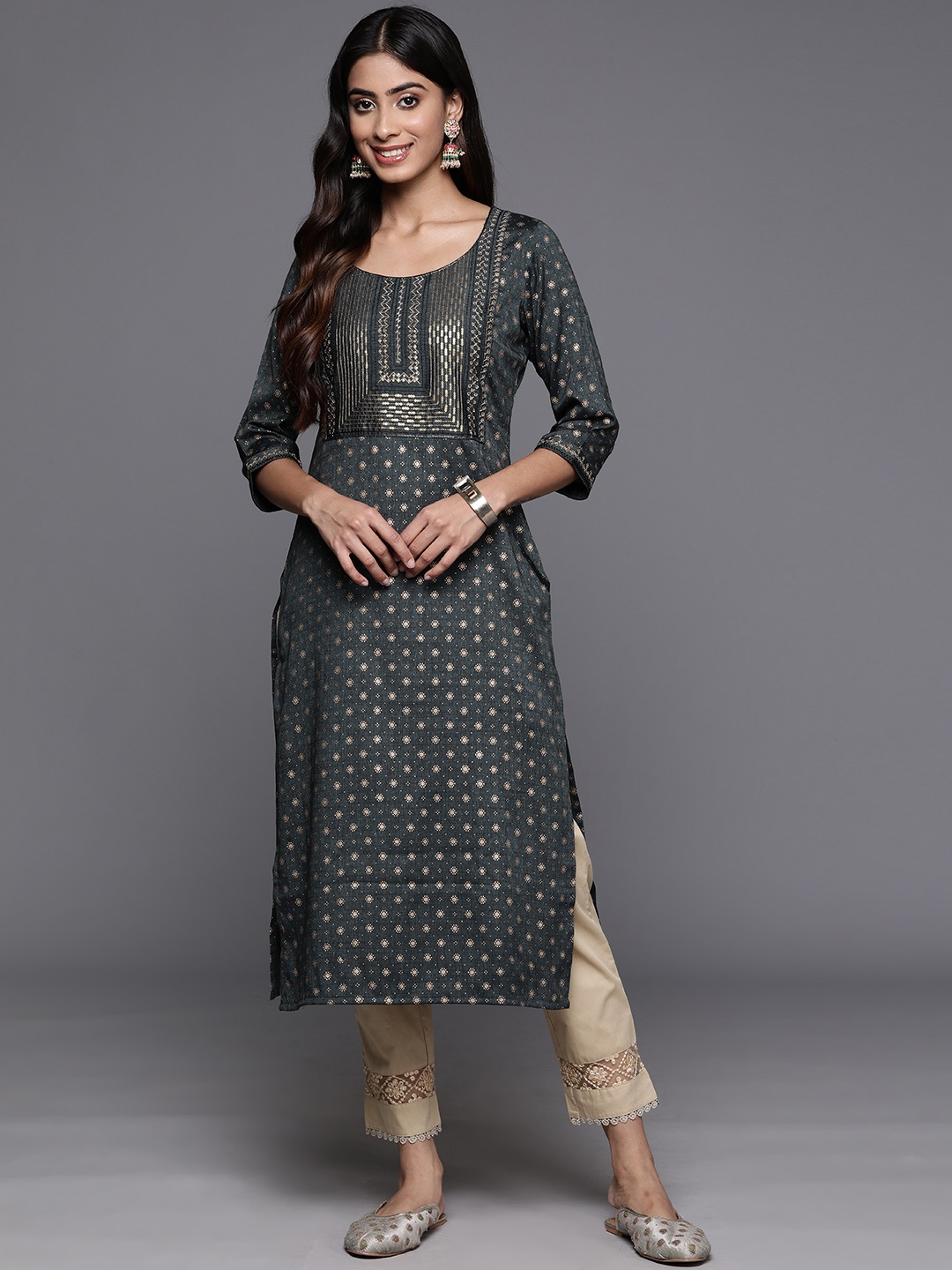 

Libas Ethnic Motifs Printed Sequinned Kurta, Grey