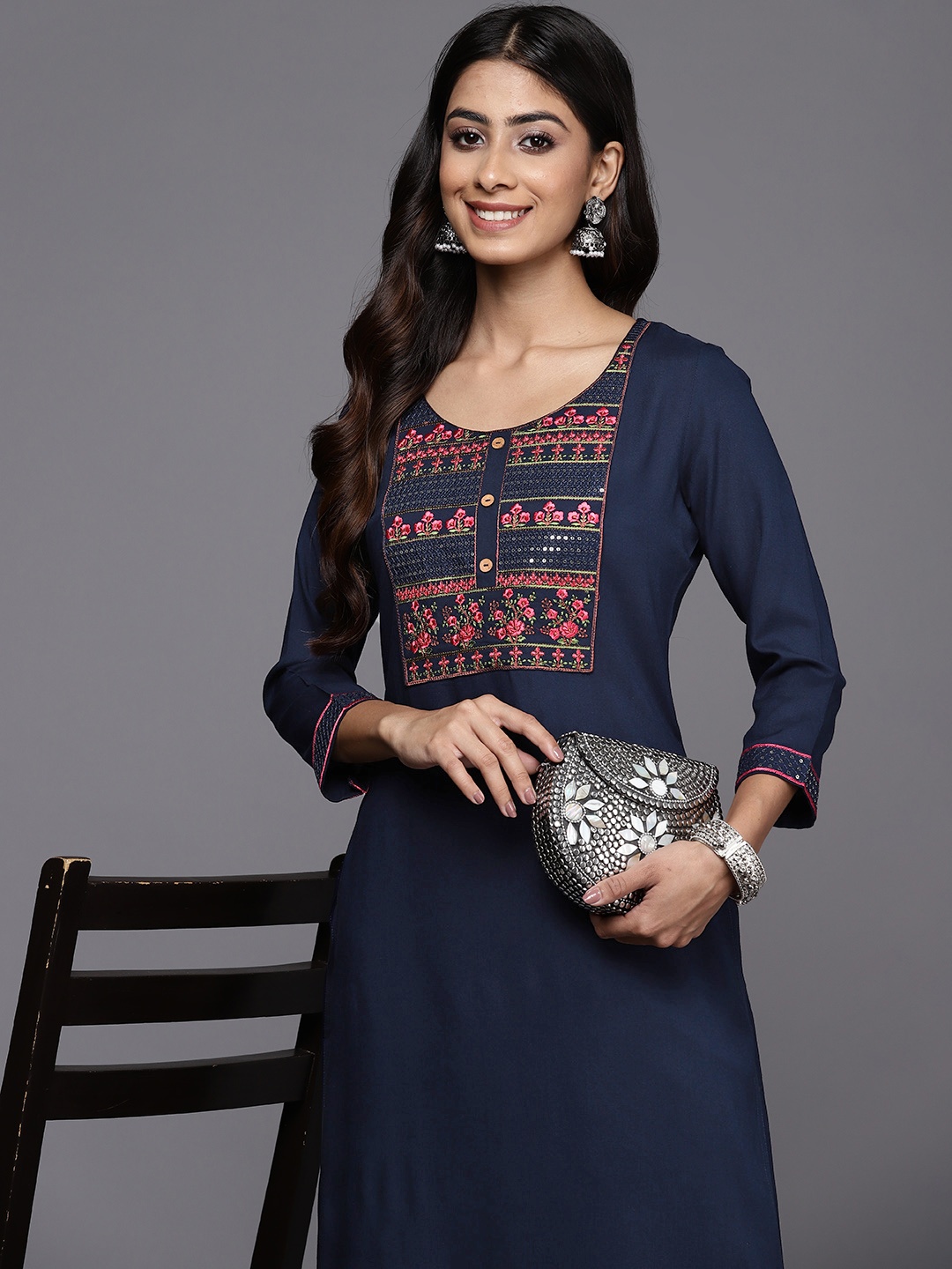 

Libas Women Floral Yoke Design Sequinned Kurta, Navy blue