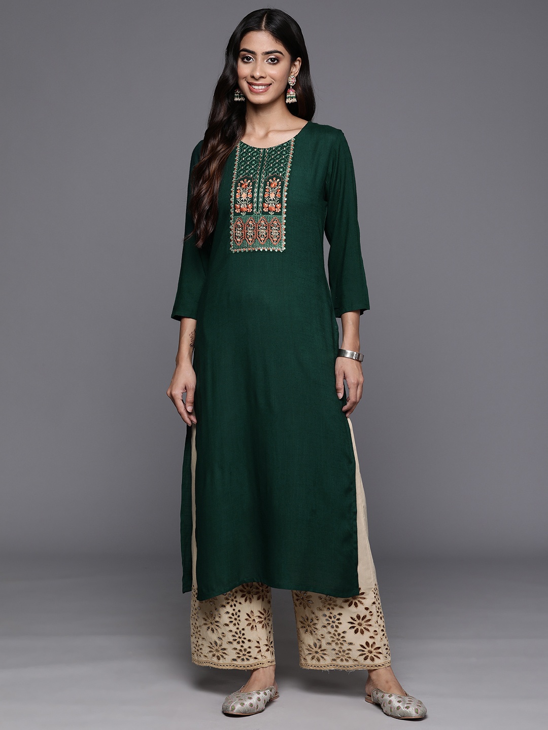 

Libas Floral Yoke Design Sequinned Kurta, Green