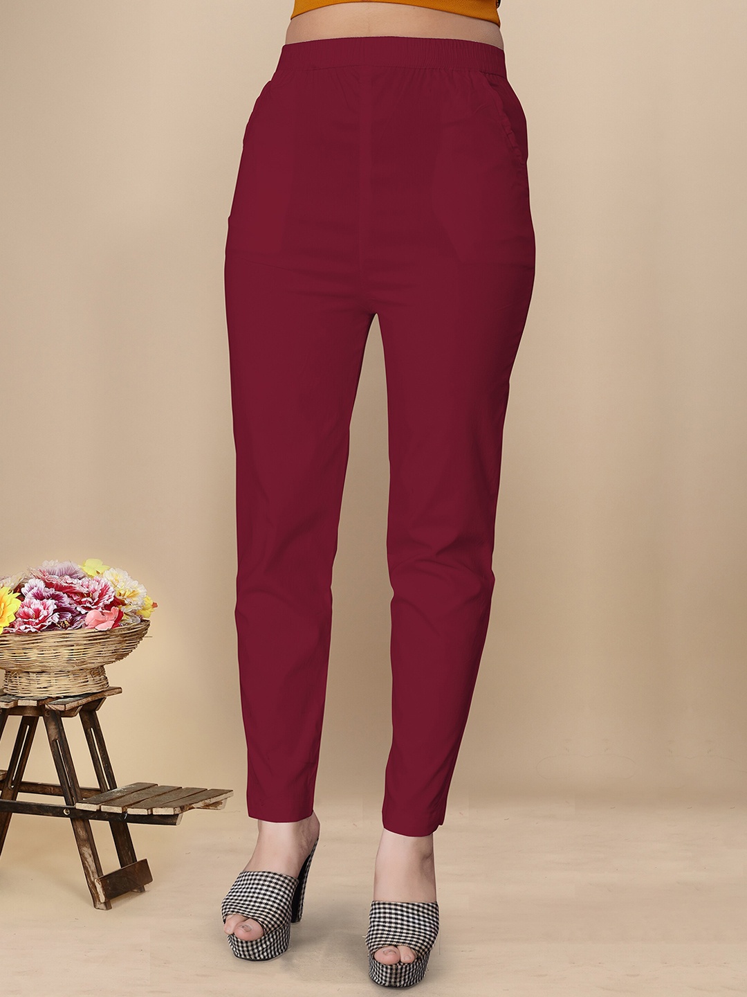 

UNITED LIBERTY Women Relaxed Easy Wash Stretchable Trousers, Maroon