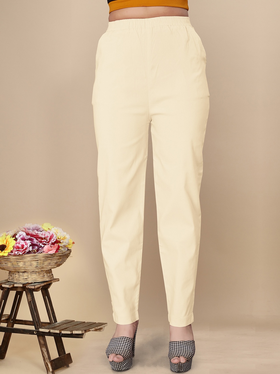

UNITED LIBERTY Women Relaxed Easy Wash Cotton Trousers, Cream