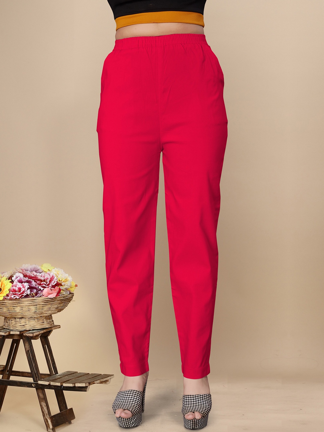 

UNITED LIBERTY Women Relaxed Stretchable Mid-Rise Easy Wash Trousers, Red