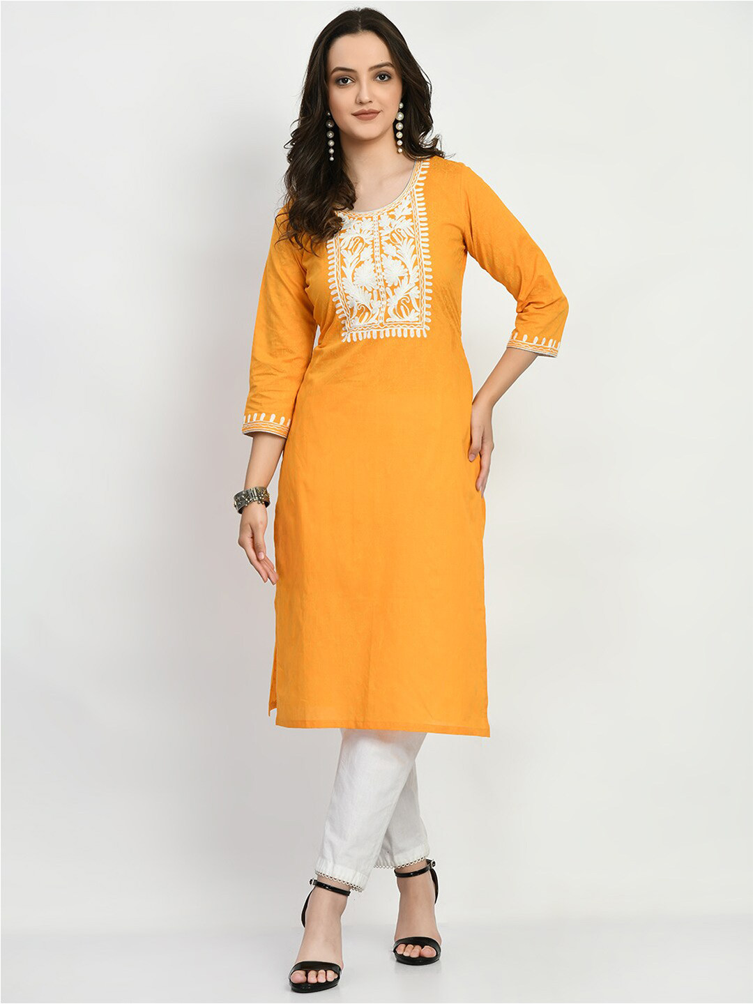 

KALINI Embroidered Round Neck Pure Cotton Straight Kurta, Mustard