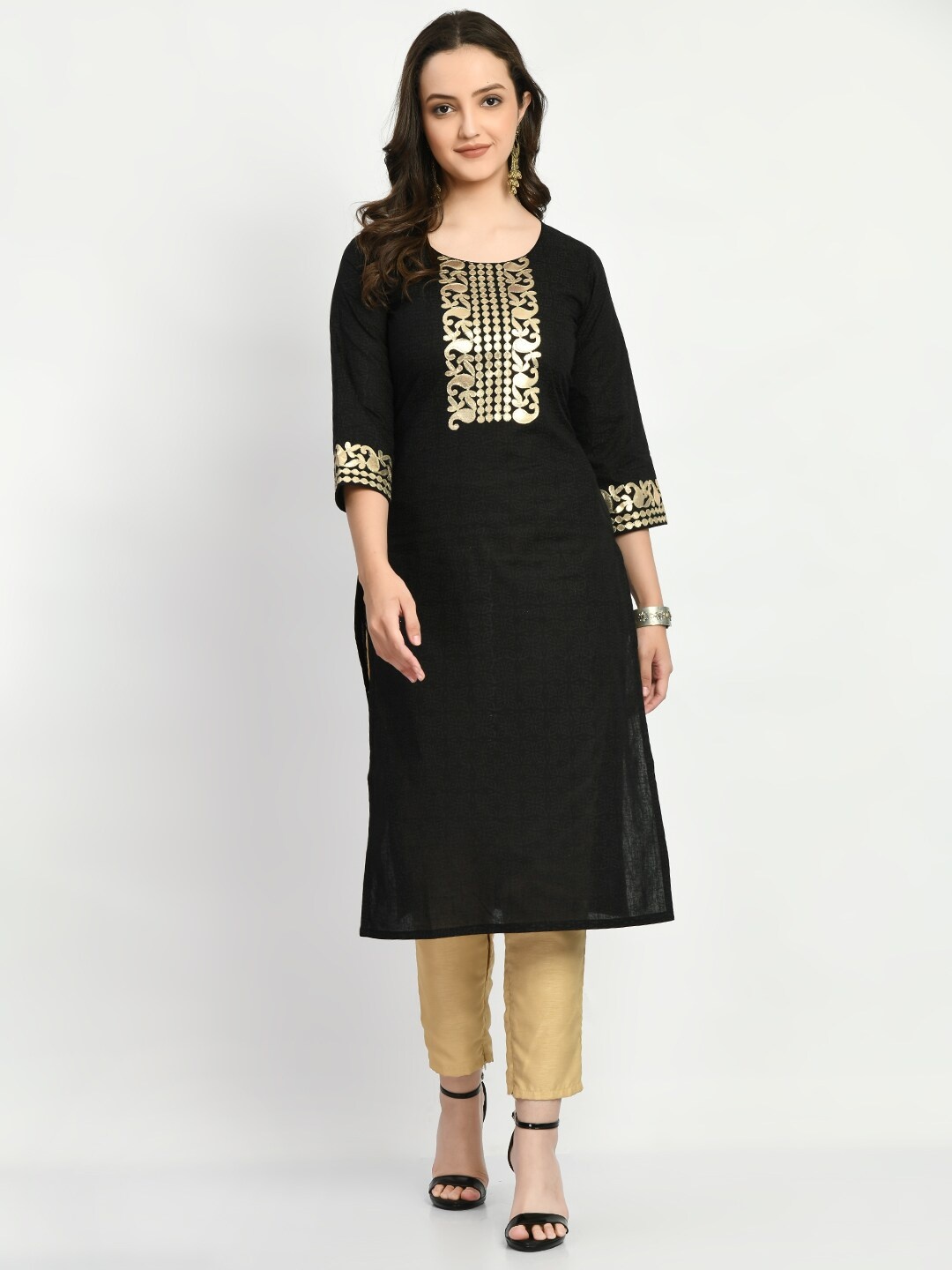 

KALINI Embroidered Round Neck Pure Cotton Straight Kurta, Black