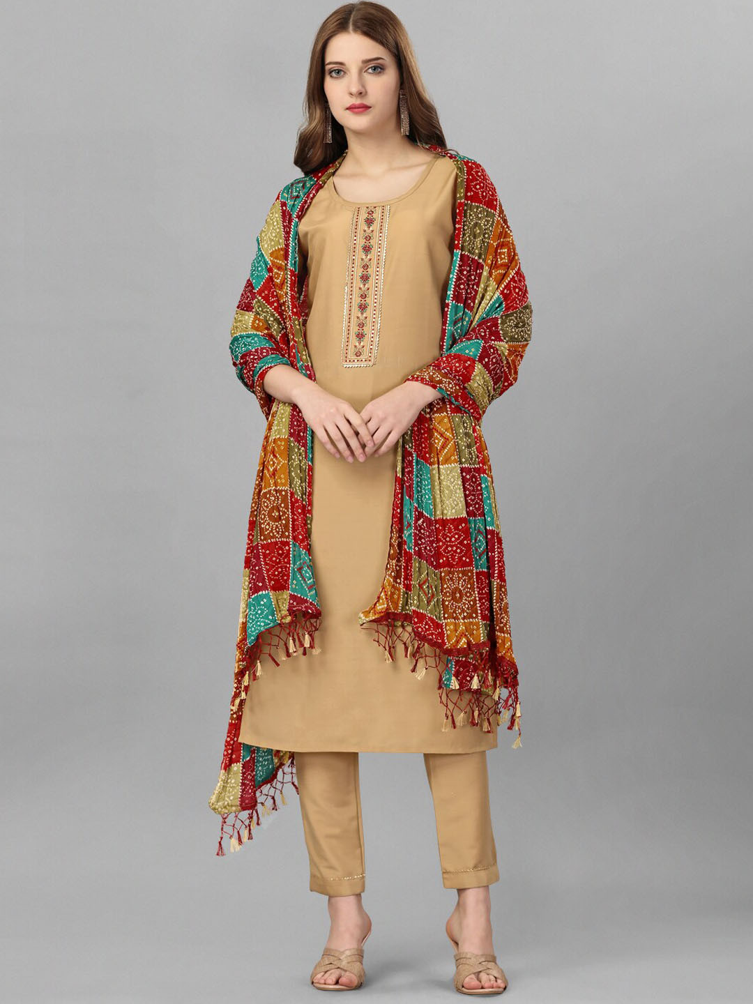 

Nivah Fashion Floral Yoke Design Gotta Patti Detail Regular Kurta & Trousers With Dupatta, Beige