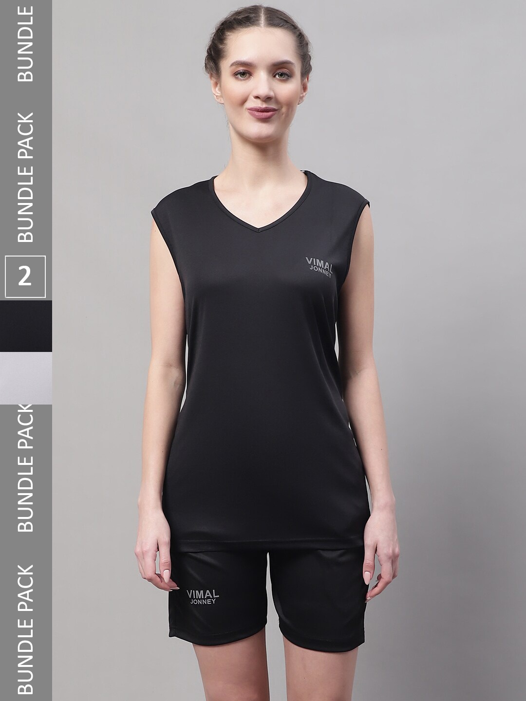 

VIMAL JONNEY Pack Of 2 V-Neck Sleeveless Dryfit Tracksuits, Grey