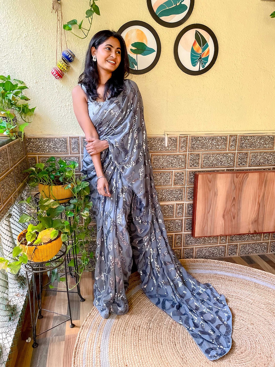 Mitera Grey Sequinned Poly Georgette Saree
