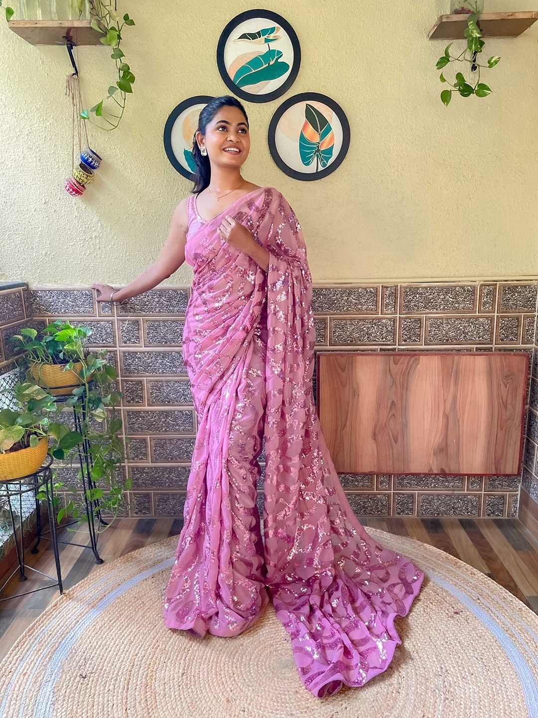Mitera Pink Embellished Sequinned Poly Georgette Saree