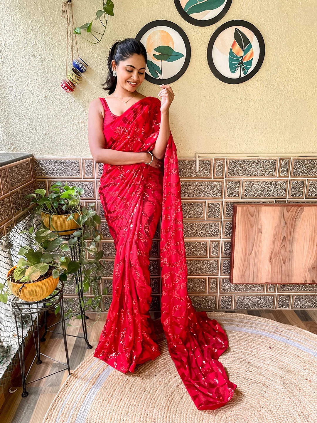 

Mitera Red Embellished Sequinned Poly Georgette Saree
