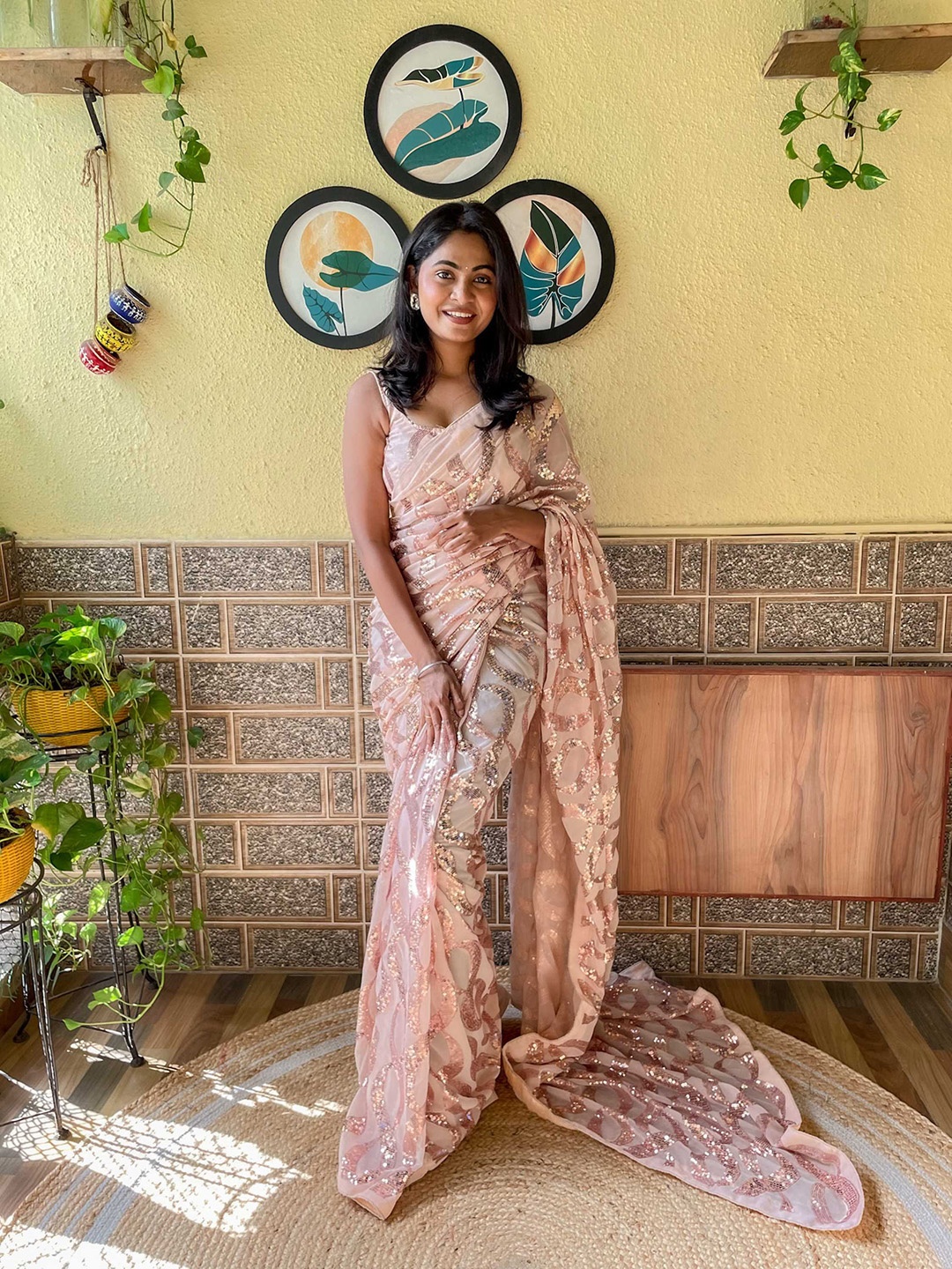 

Mitera Peach-Coloured Embellished Sequinned Poly Georgette Saree