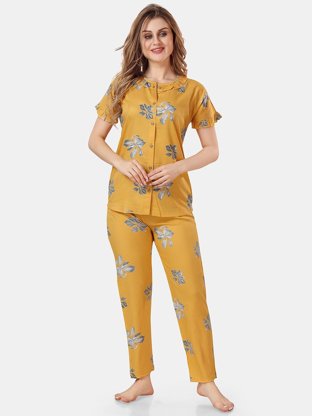 

Be You Floral Printed Ruffles Night Suit, Mustard