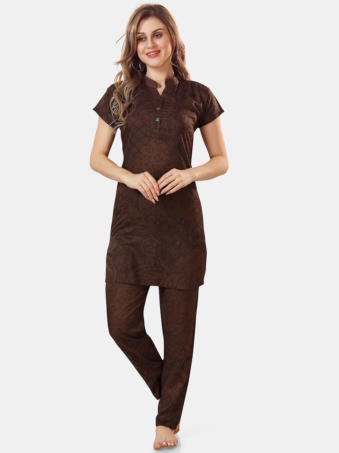

Be You Ethnic Motifs Printed Night Suit, Brown