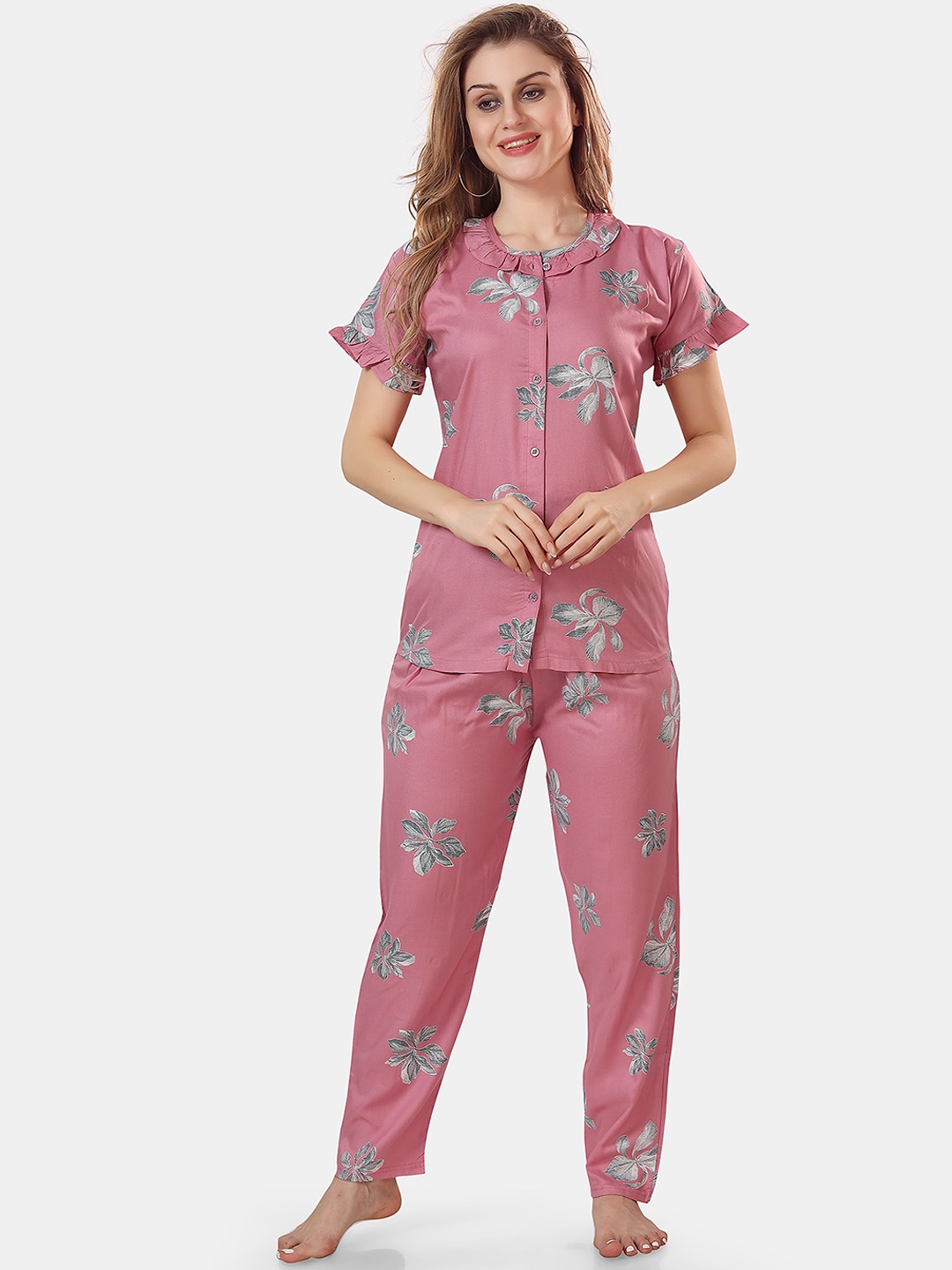 

Be You Floral Printed Ruffles Night Suit, Pink