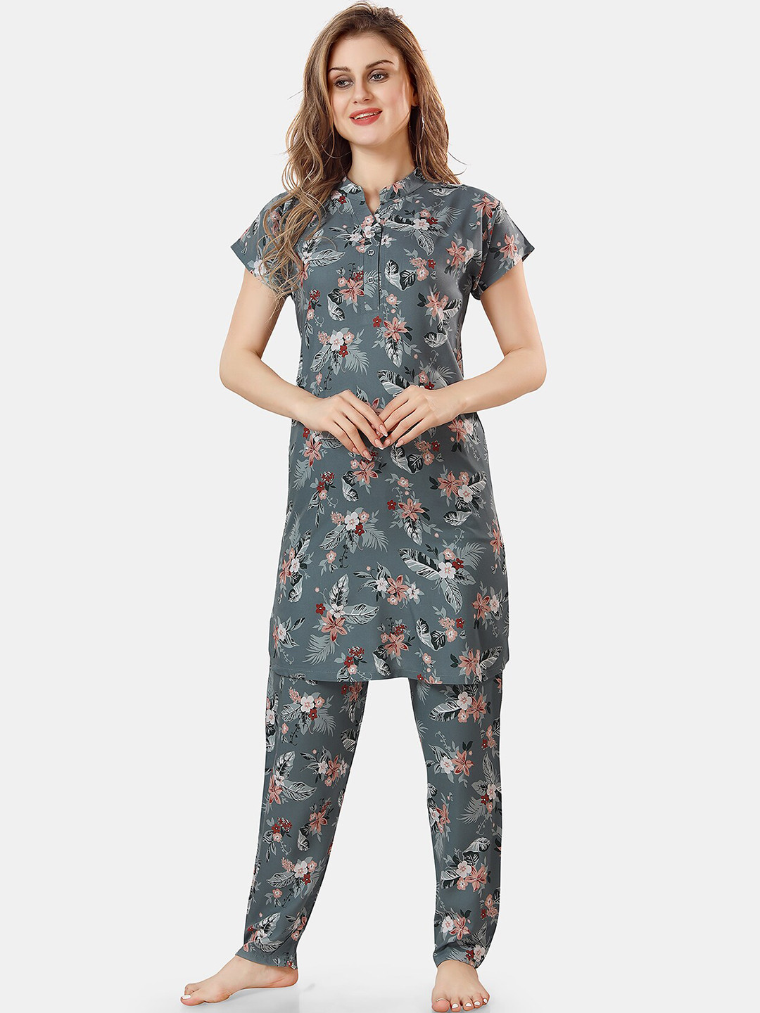 

Be You Printed Kurta With Pyjama Night Suit, Grey