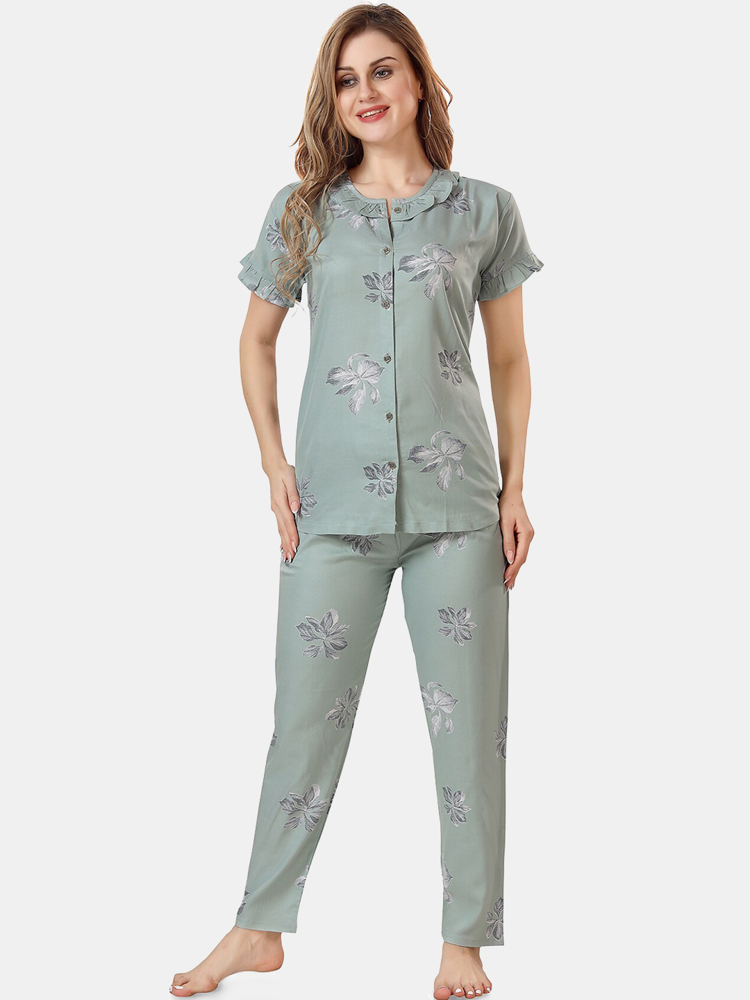 

Be You Floral Printed Shirt And Pyjama Night Suit, Green