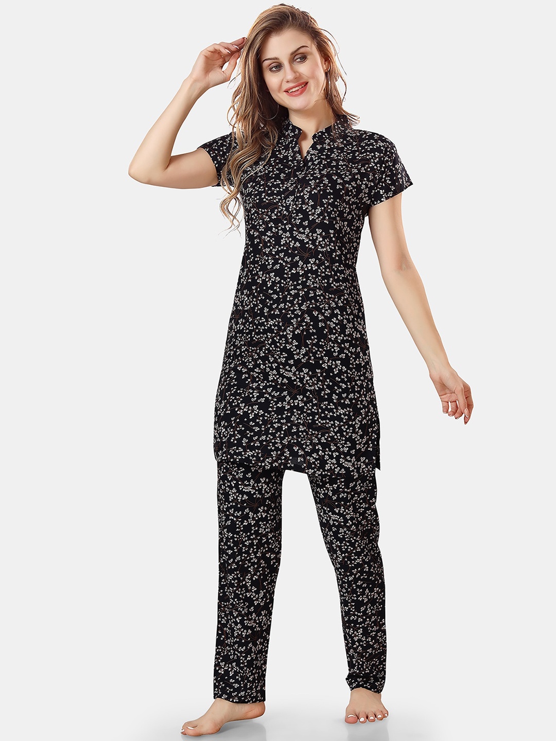 

Be You Floral Printed Night Suit, Navy blue