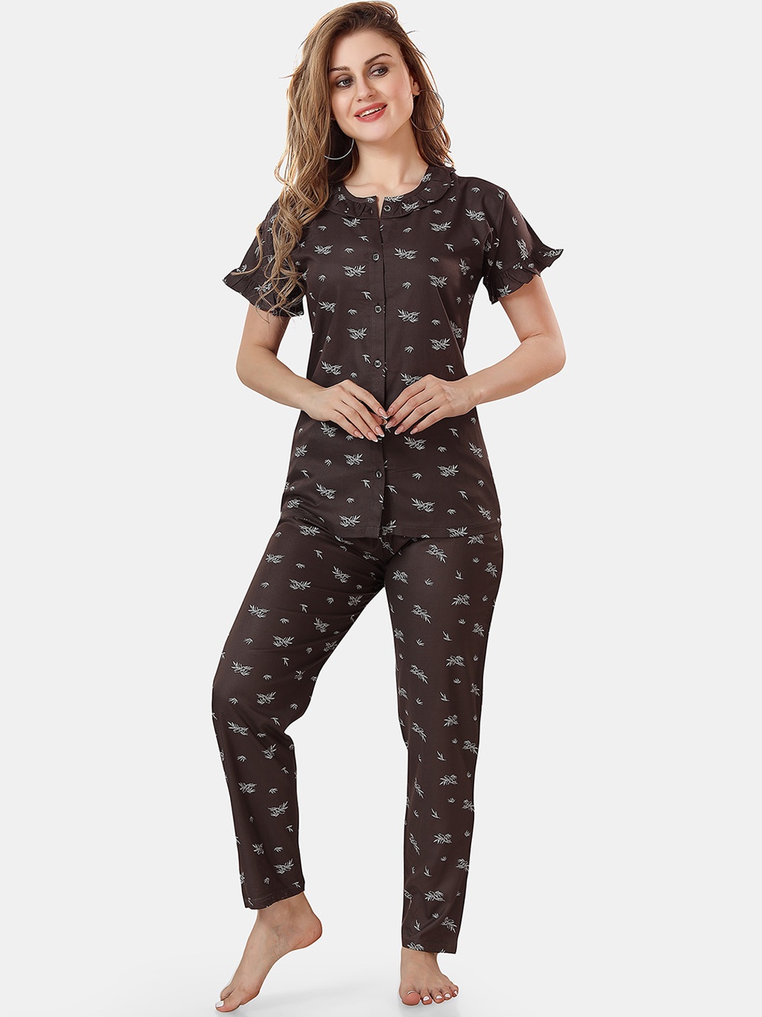 

Be You Floral Printed Shirt And Pyjama Night Suit, Brown