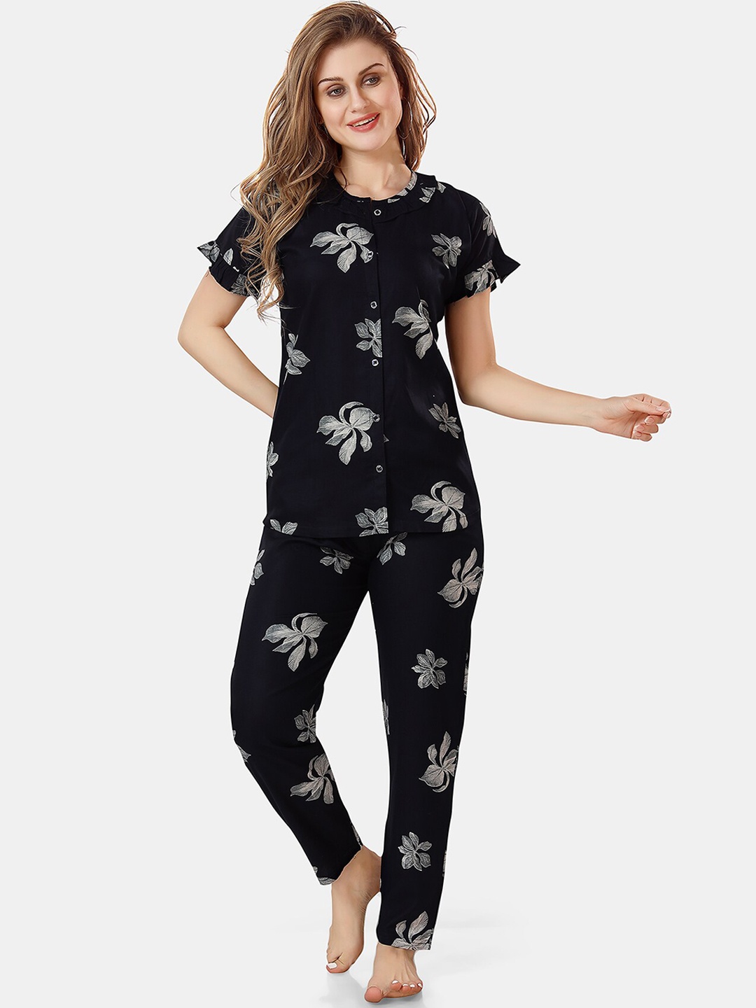 

Be You Floral Printed Shirt And Pyjama Night Suit, Navy blue