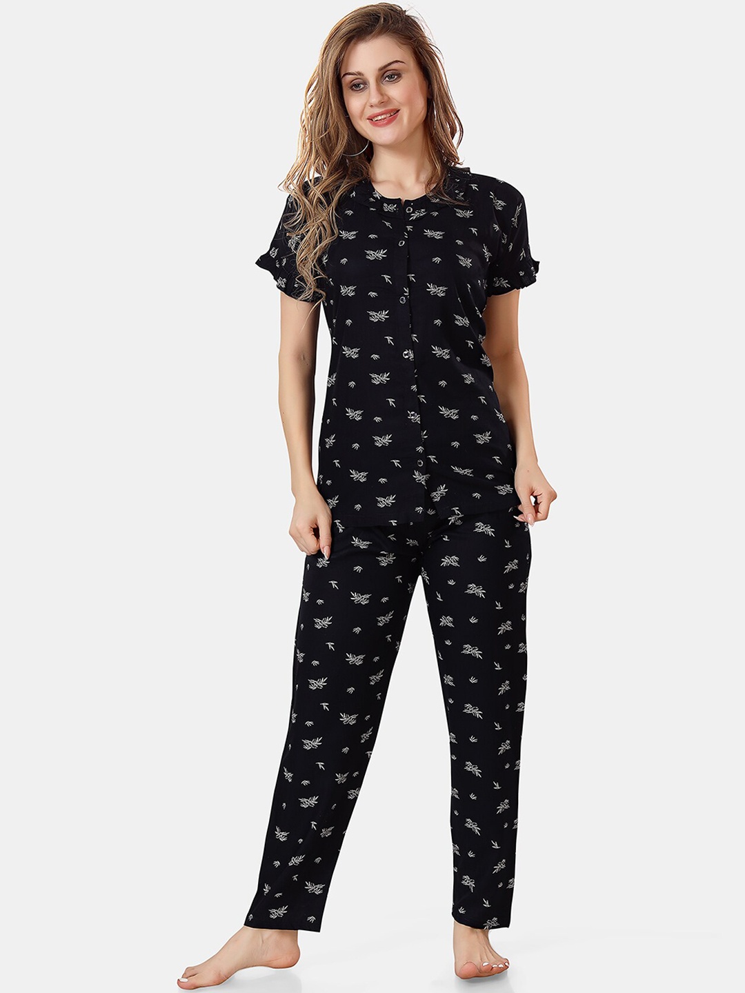 

Be You Abstract Printed Night Suit, Black