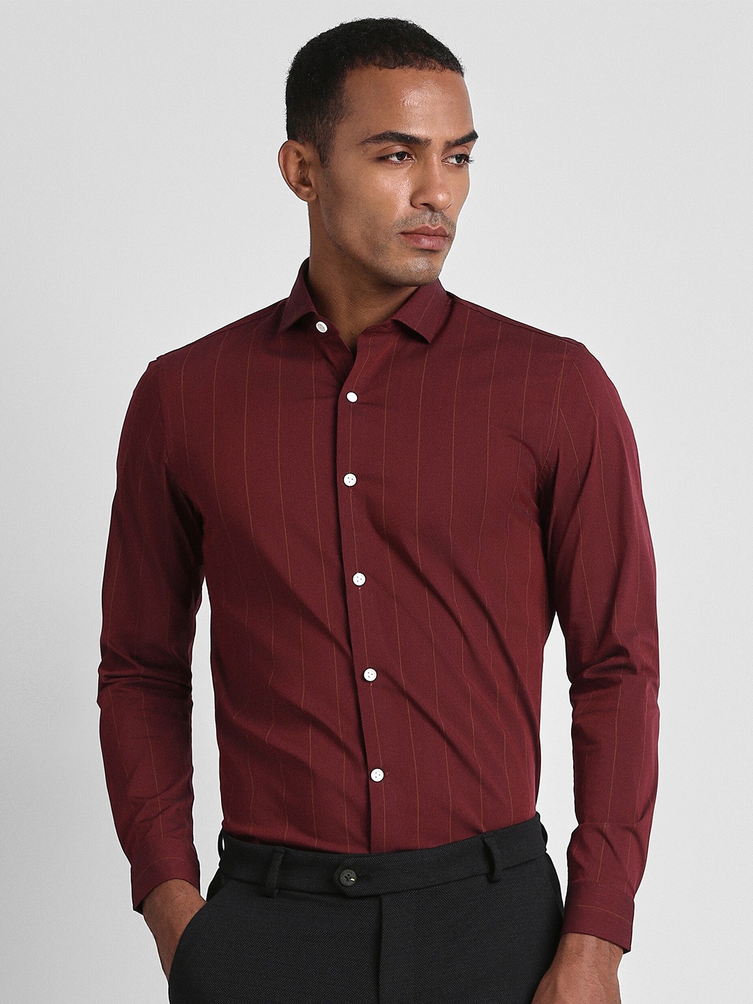 

Peter England Spread Collar Slim Fit Striped Cotton Formal Shirt, Maroon