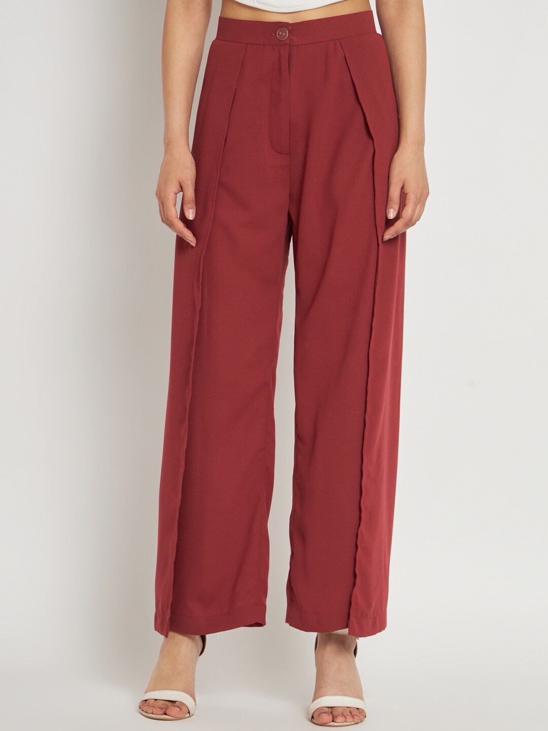 

CUFFS N LASHES Women Smart Straight Fit High-Rise Pleated Trousers, Maroon