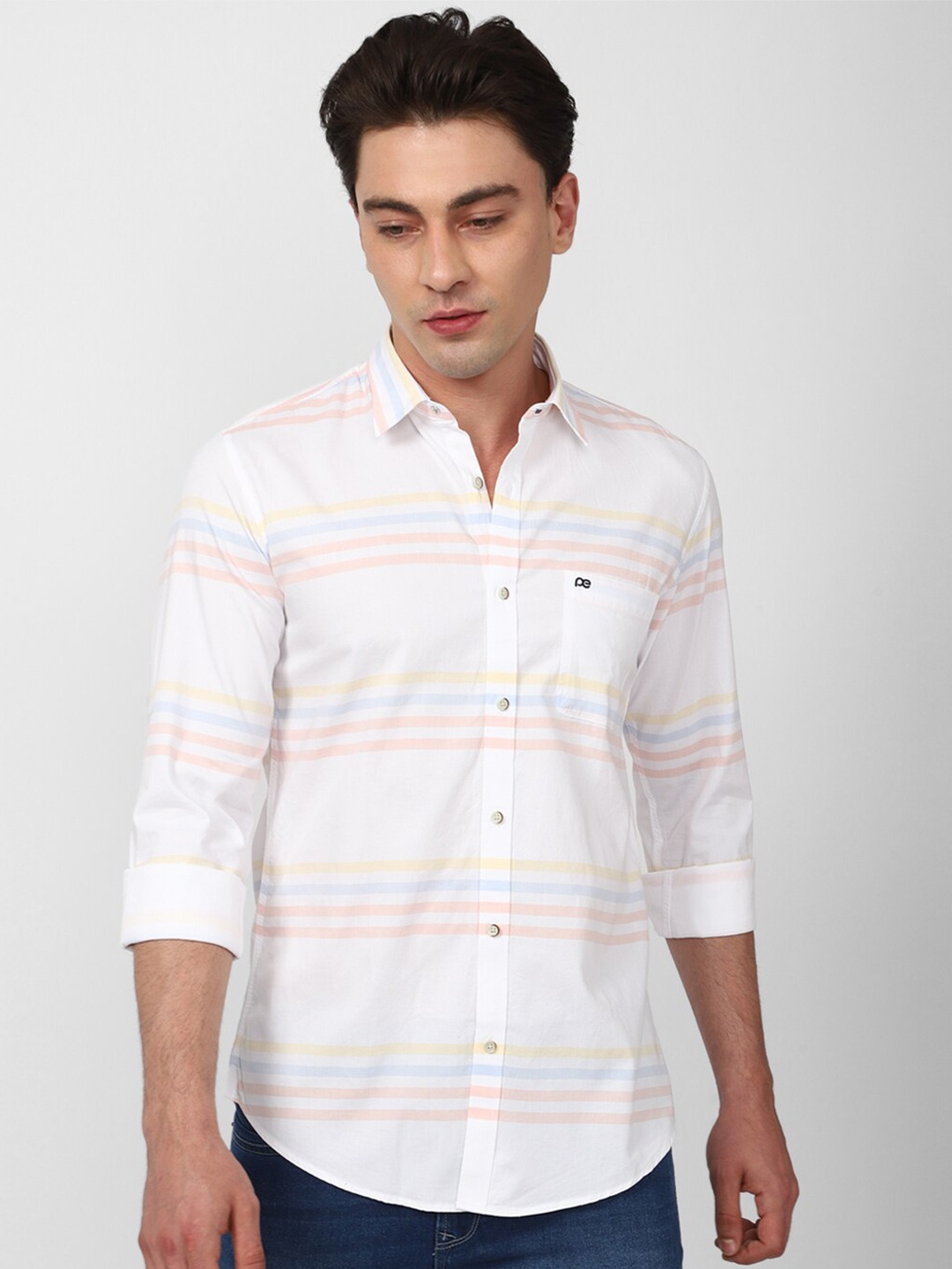 

Peter England Casuals Horizontal Striped Pure Cotton Slim Fit Casual Shirt, White