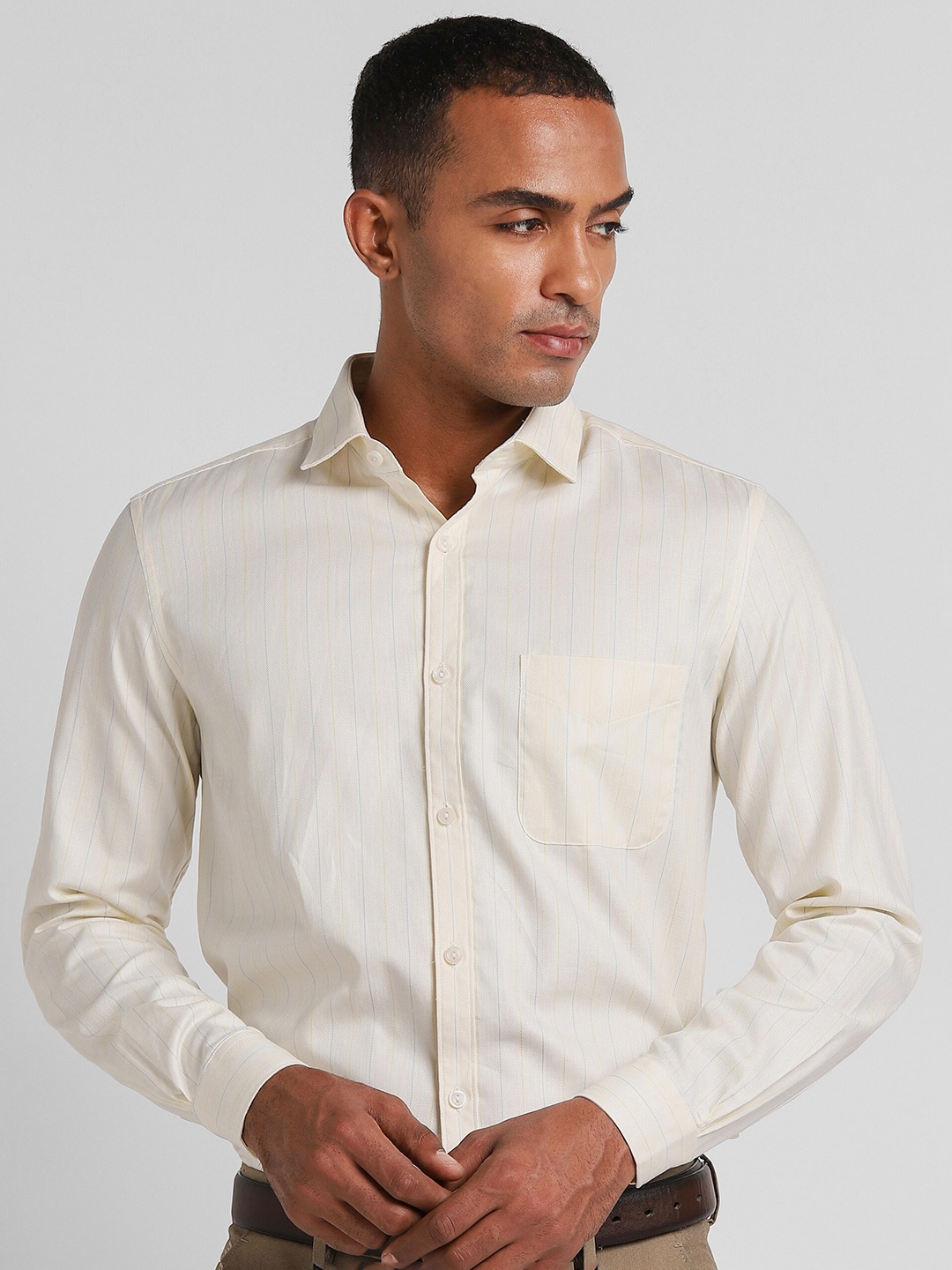 Peter England Elite Slim Fit Cotton Formal Shirt, Cream