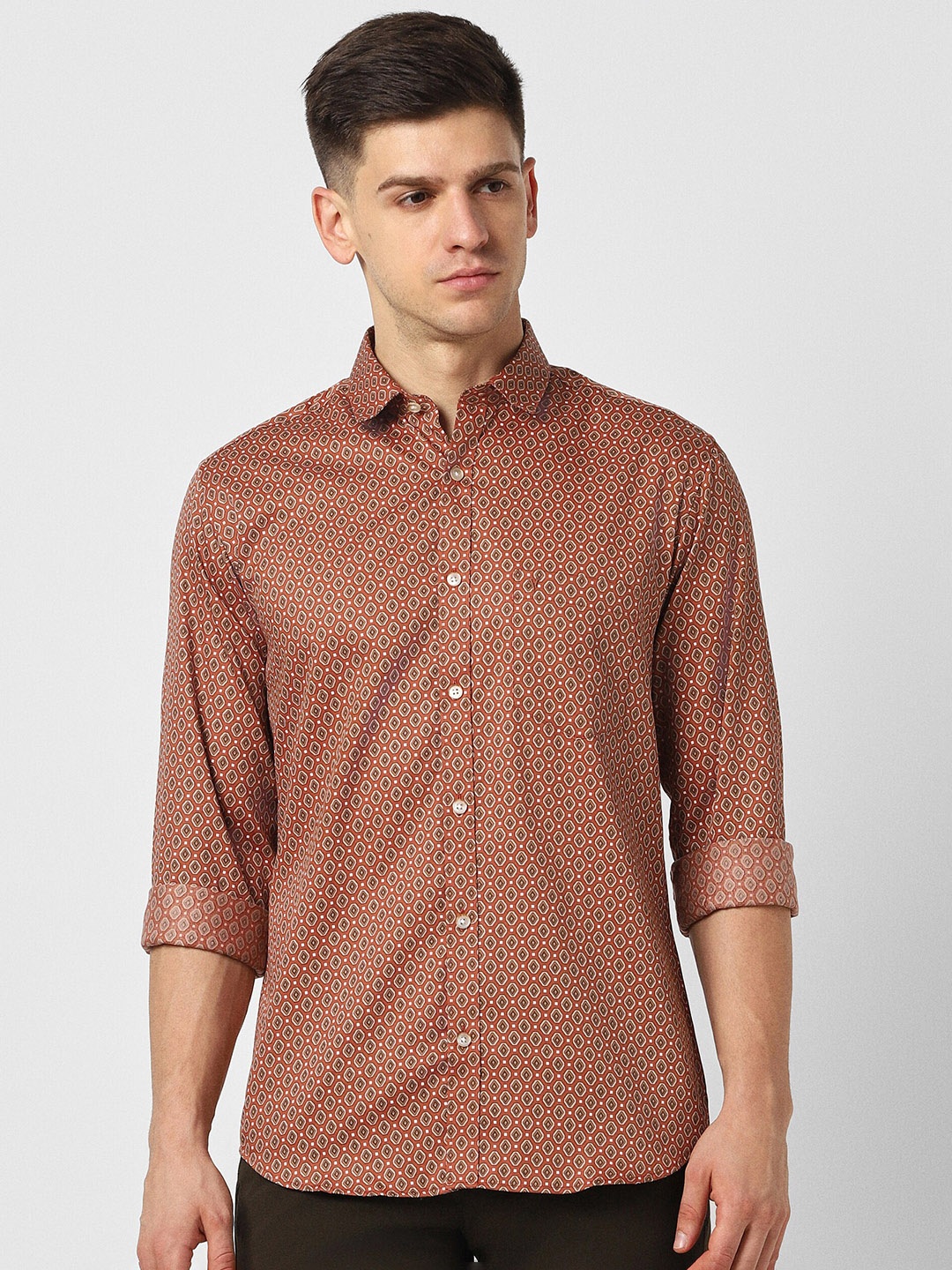 

V Dot Slim Fit Opaque Printed Casual Cotton Shirt, Orange