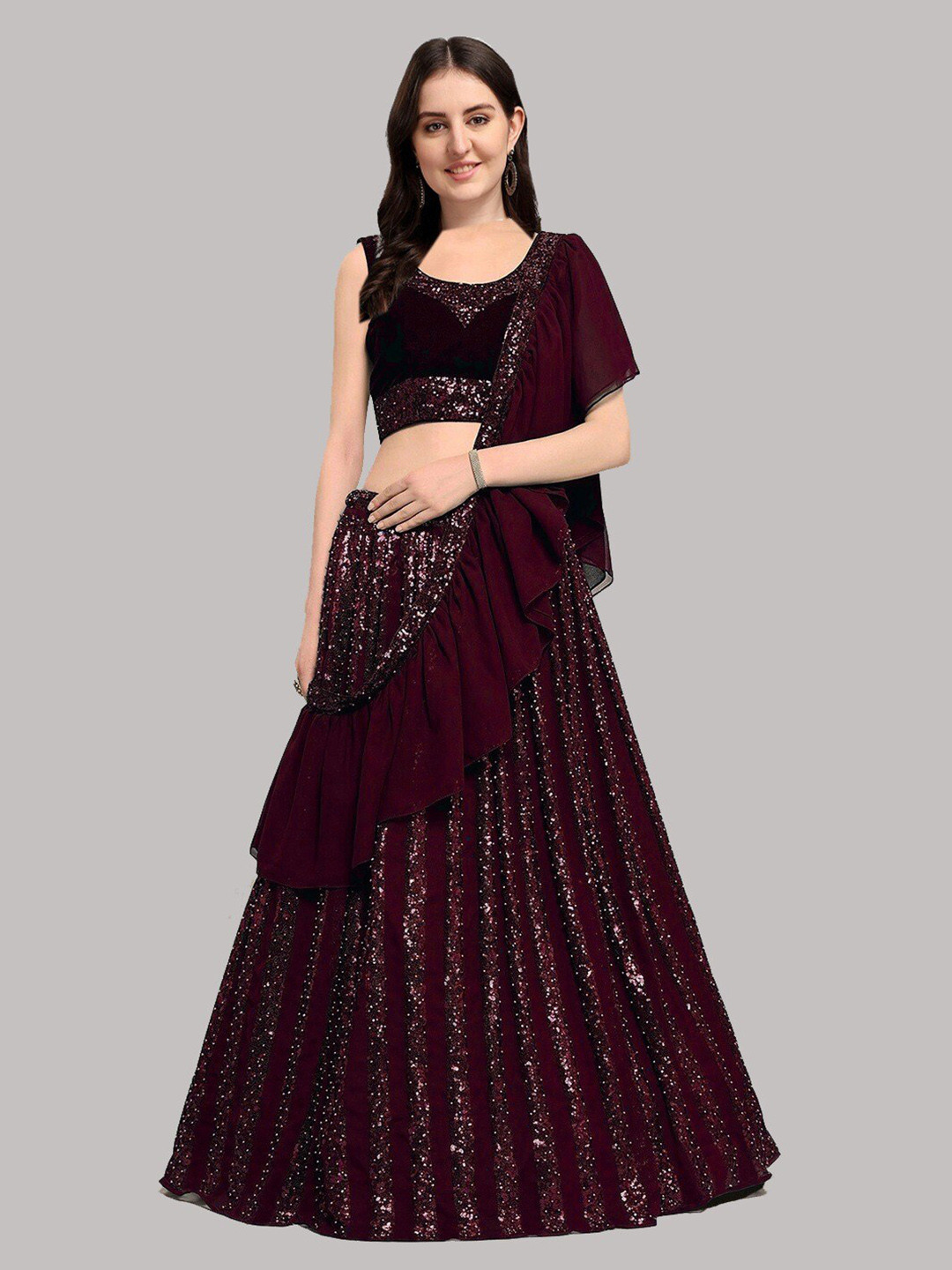 

YOYO Fashion Embellished Sequinned Semi-Stitched Lehenga & Unstitched Blouse With Dupatta, Maroon