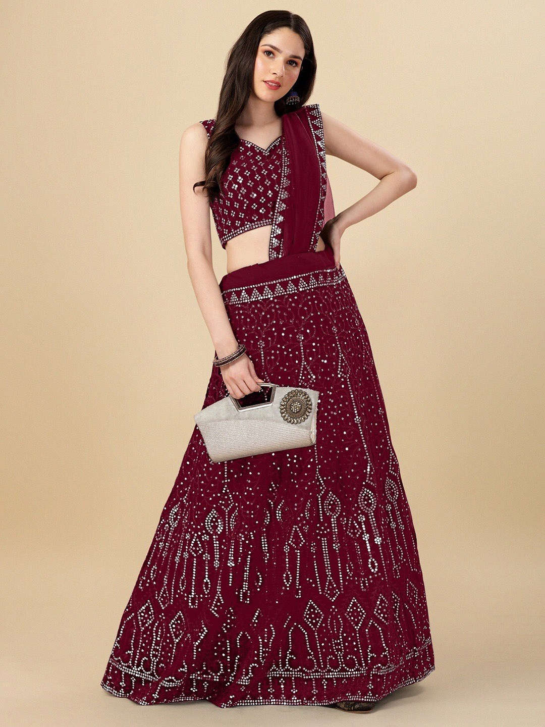 

YOYO Fashion Embroidered Sequinned Semi-Stitched Lehenga & Unstitched Blouse With Dupatta, Maroon