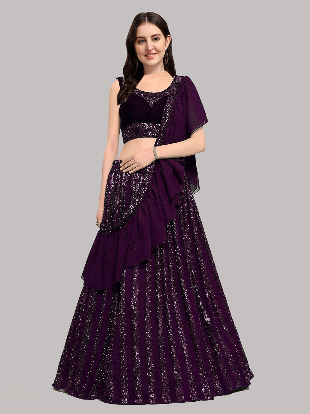 

YOYO Fashion Embroidered Sequinned Semi-Stitched Lehenga & Unstitched Blouse With Dupatta, Purple