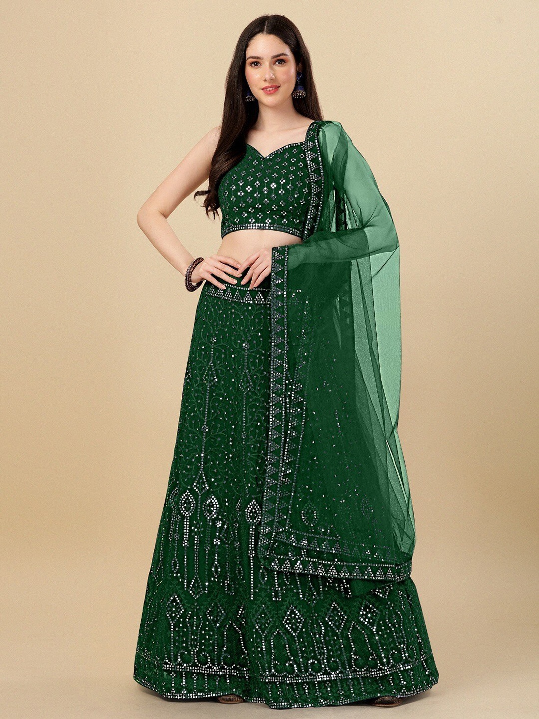 

YOYO Fashion Embroidered Sequinned Semi-Stitched Lehenga & Unstitched Blouse With Dupatta, Green