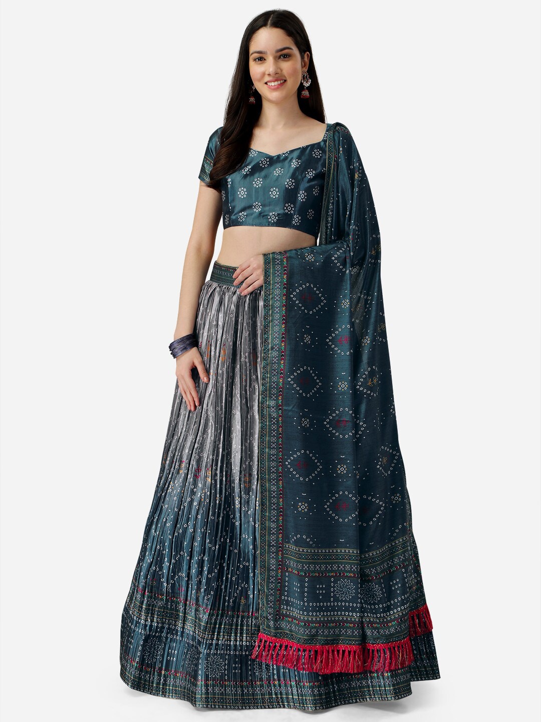 

YOYO Fashion Printed Satin Semi-Stitched Lehenga & Unstitched Blouse With Dupatta, Green