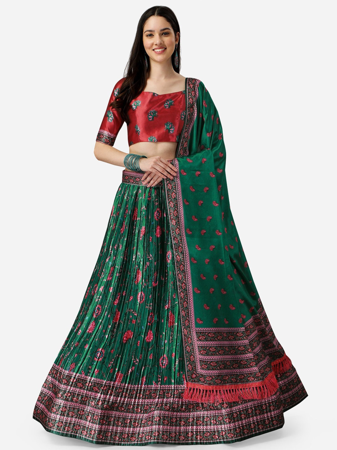 

YOYO Fashion Printed Semi-Stitched Lehenga & Unstitched Blouse With Dupatta, Green