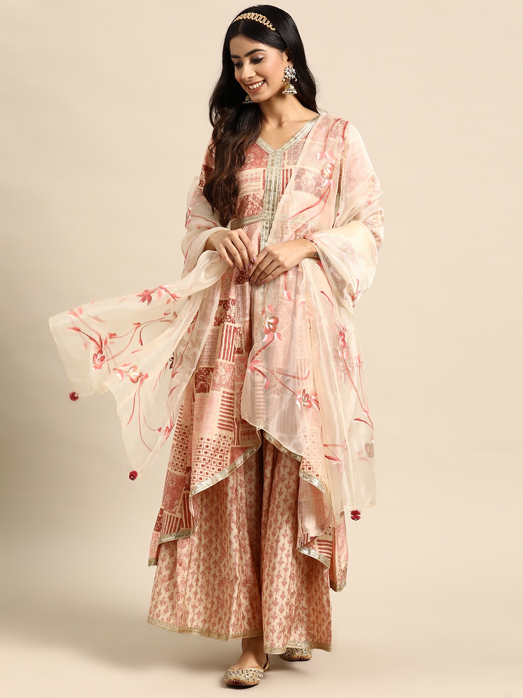 

Sangria Ethnic Motifs Printed Zari Kurta with Sharara & With Dupatta, Rust