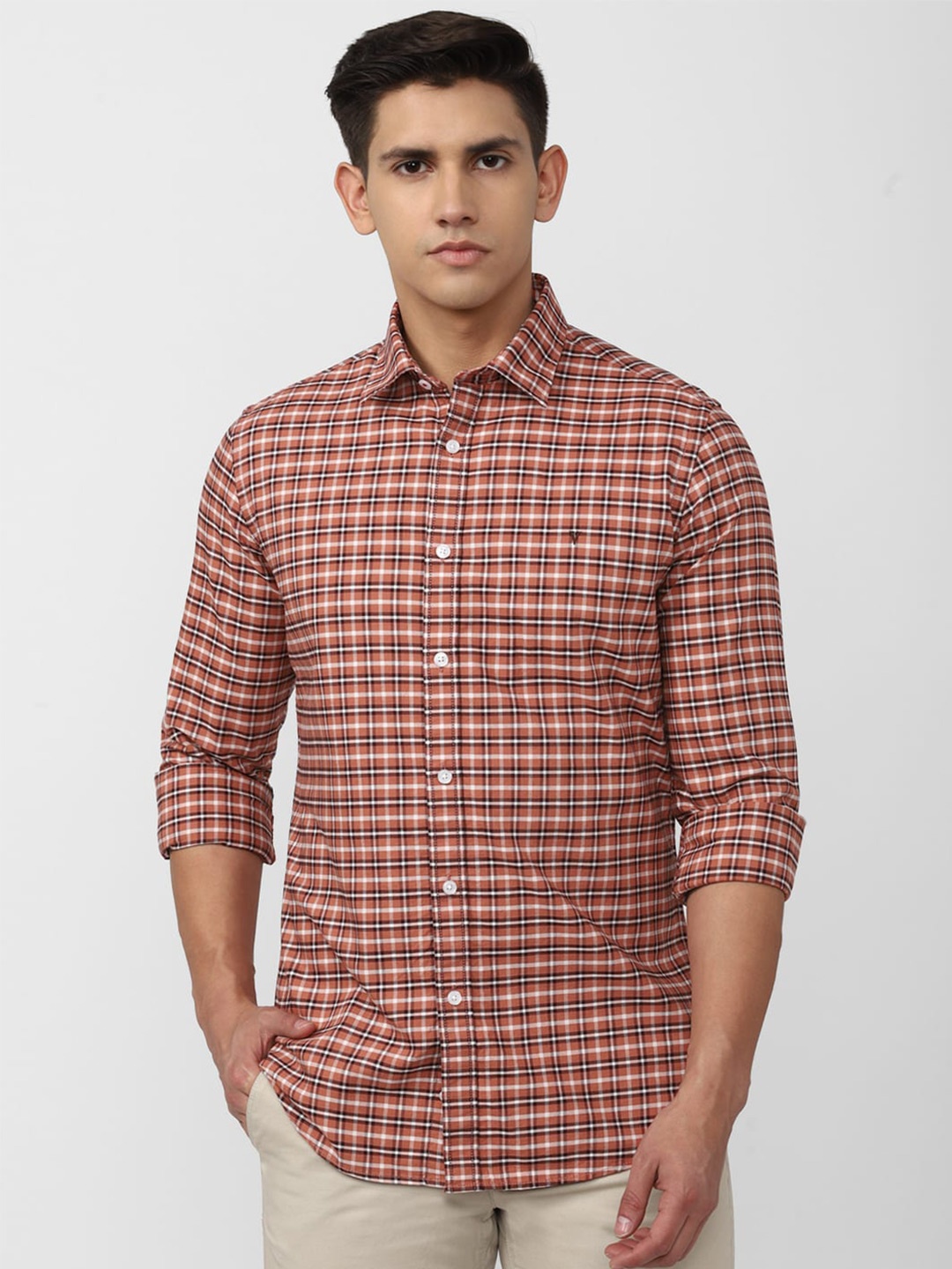 

Van Heusen Sport Slim Fit Grid Tattersall Checked Pure Cotton Casual Shirt, Orange
