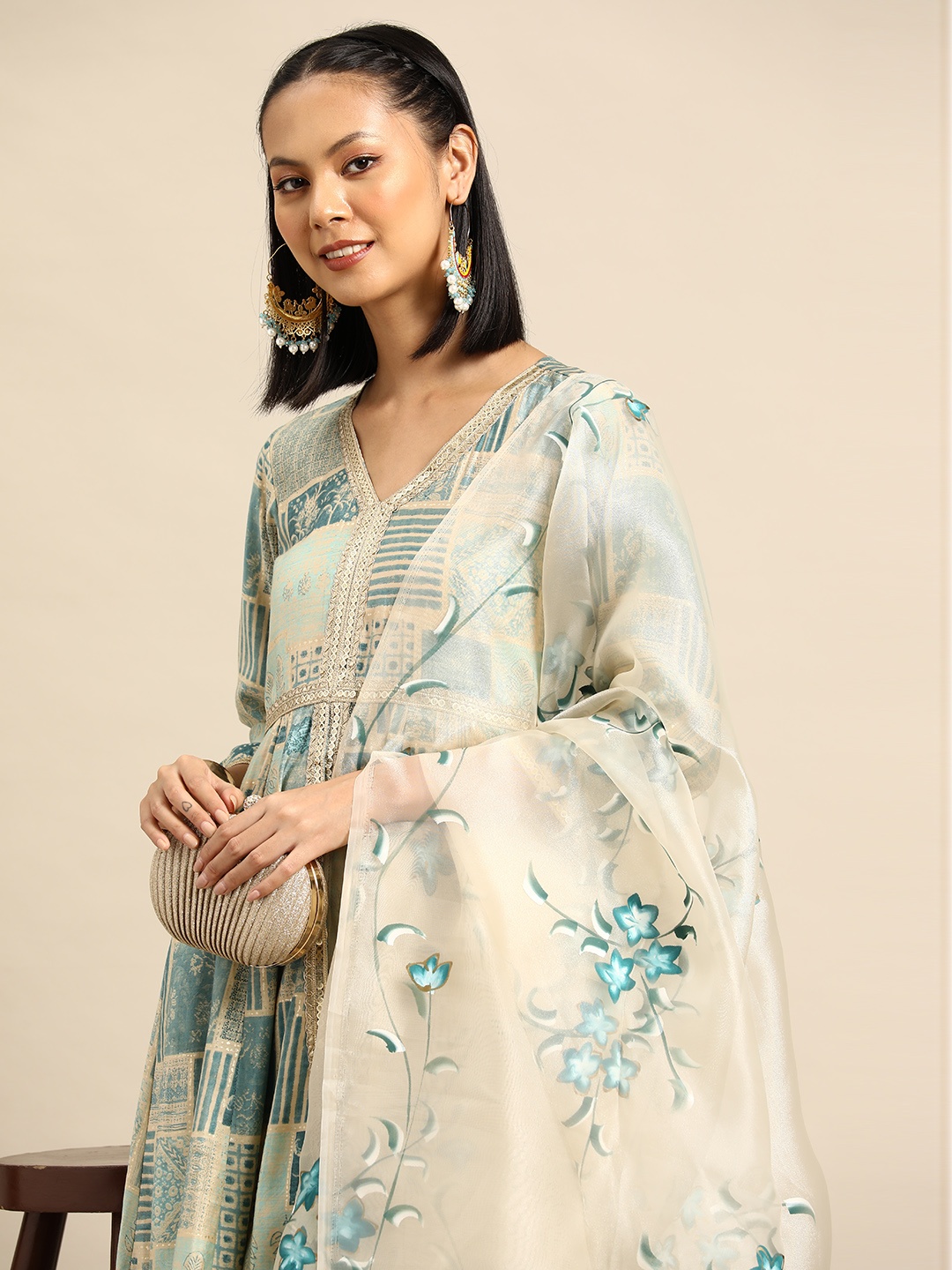 

Sangria Ethnic Motifs Printed Zari Kurta with Sharara & With Dupatta, Teal