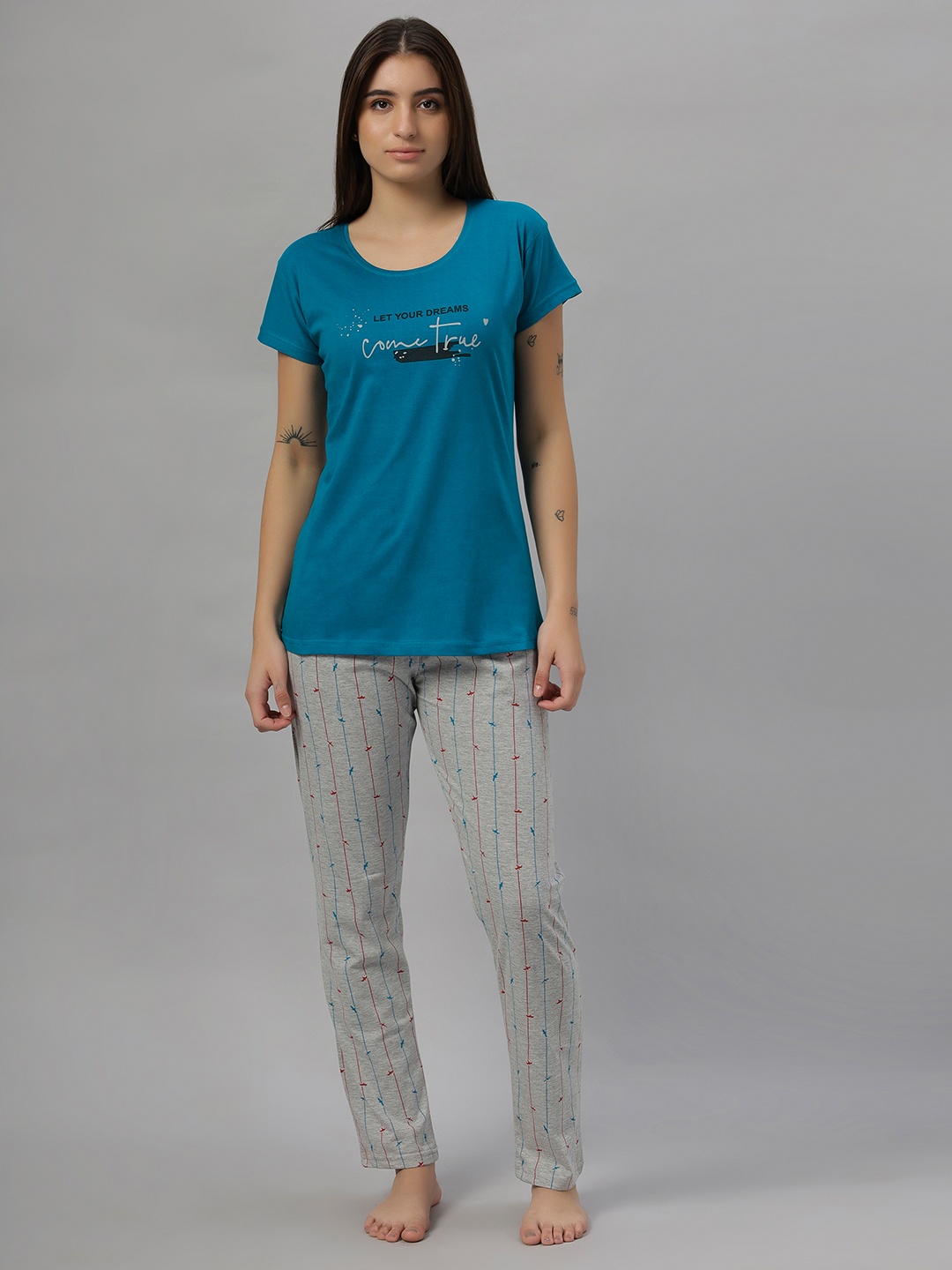 

DZZO Typography Printed T-Shirt & Pyjama Night Suits, Blue