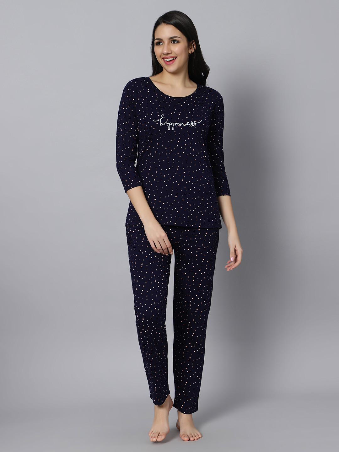 

DZZO Conversational Printed Night suit, Navy blue