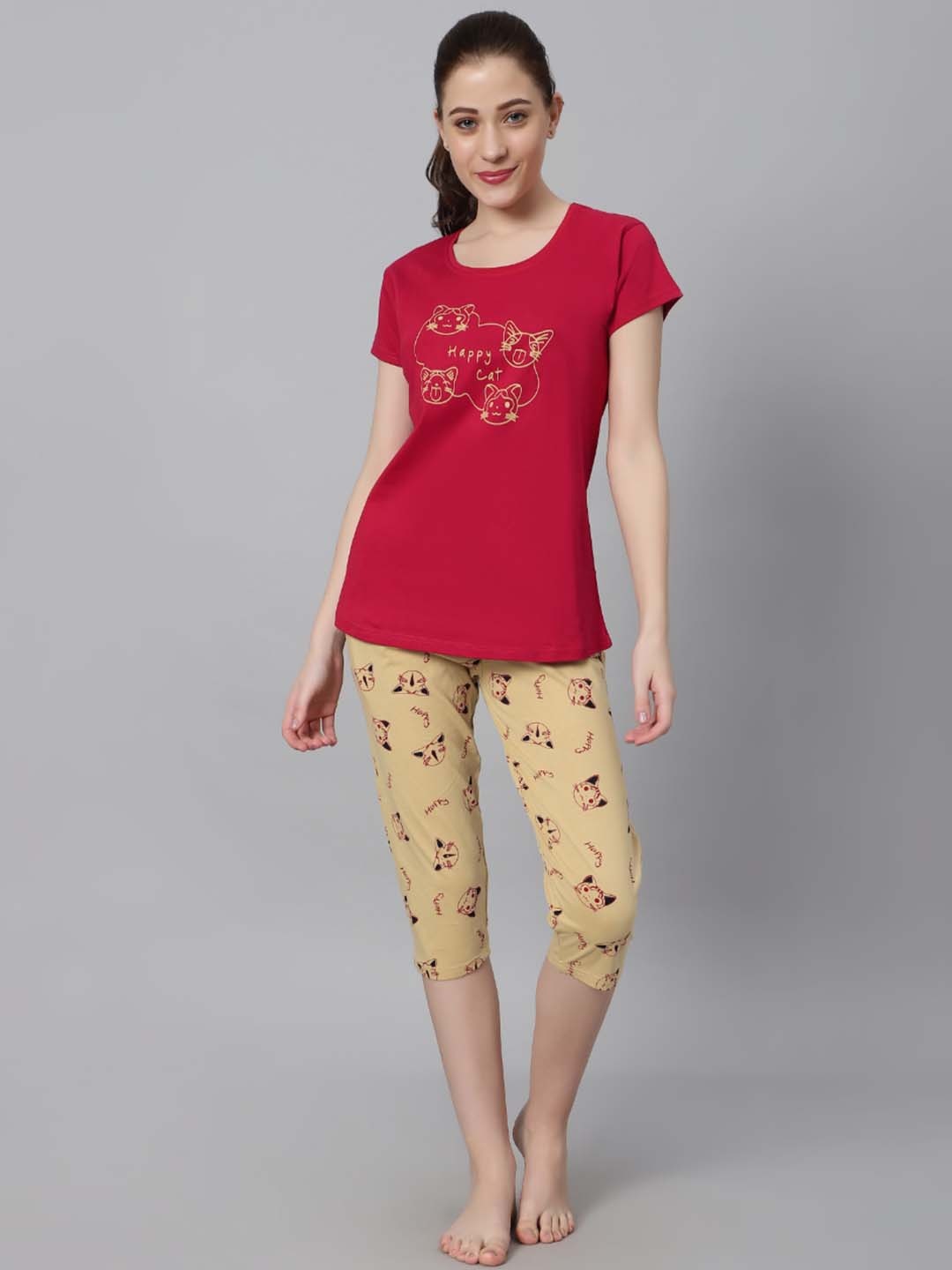 

DZZO Women Printed Top & Capri Set, Red