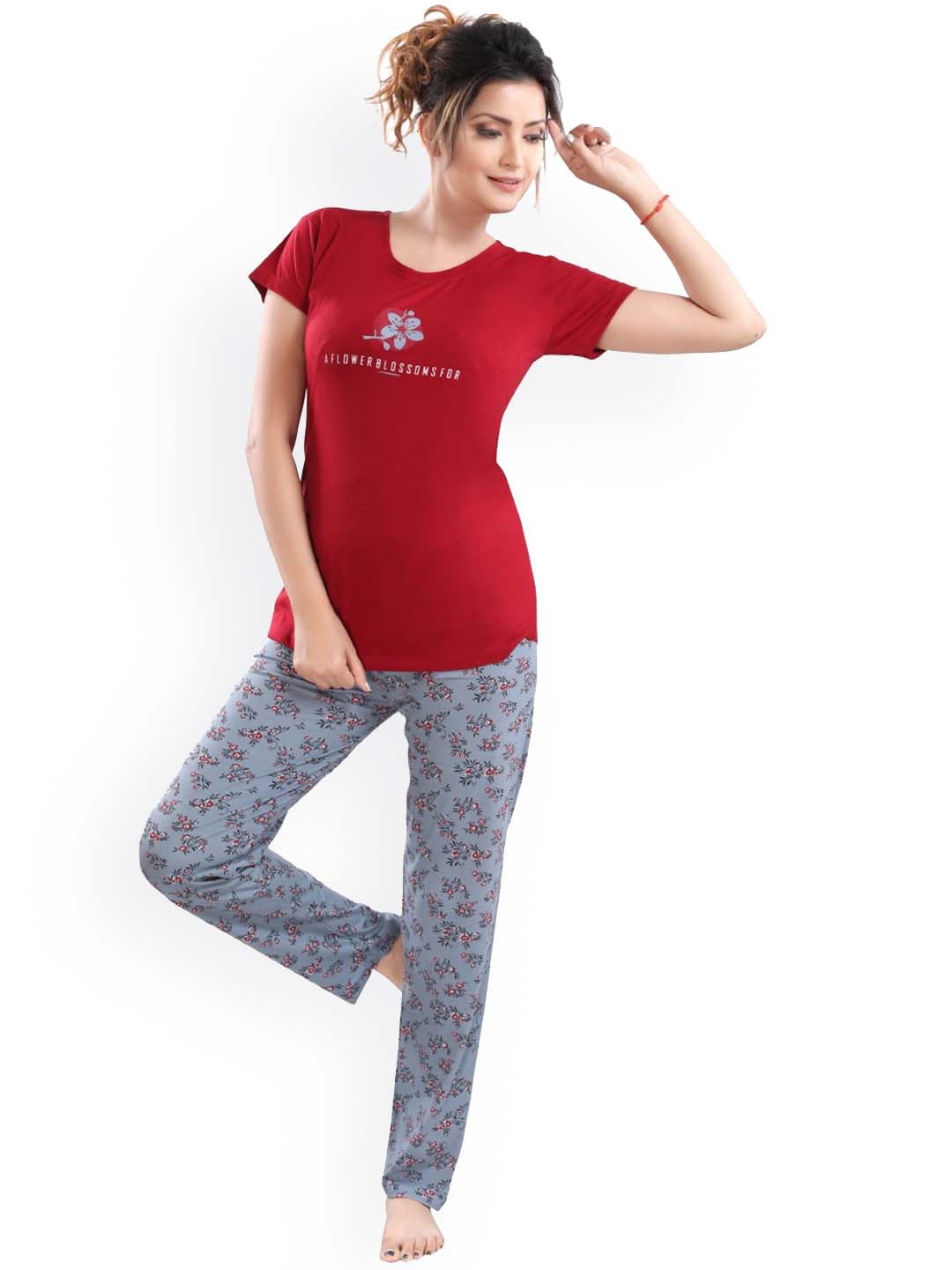 

DZZO Floral Printed T-Shirt With Pyjama Night suit, Maroon