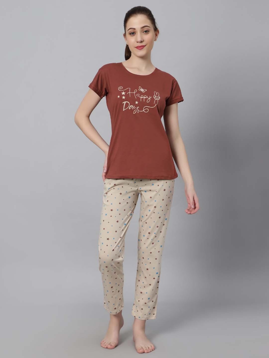 DZZO Typography Printed Night suit, Brown