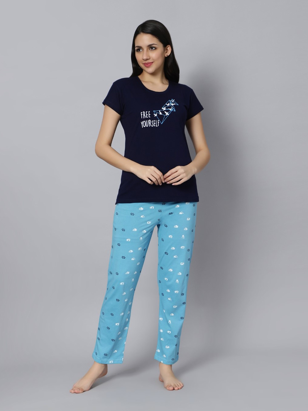 

DZZO Typography Printed T-Shirt With Pyjamas, Blue