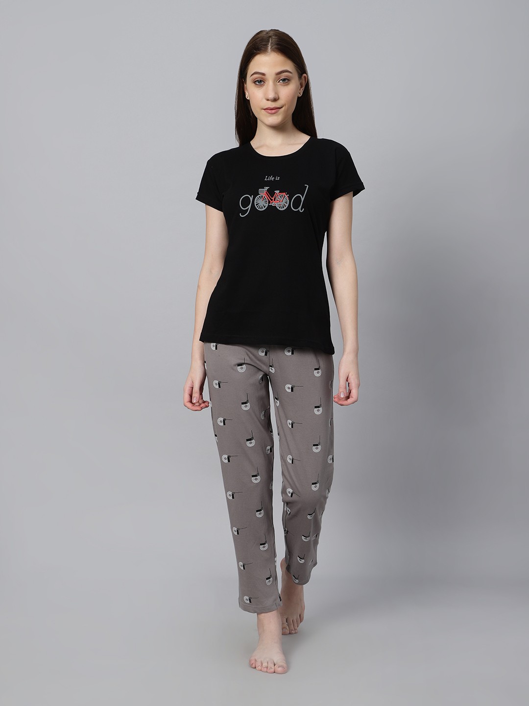 

DZZO Typography Printed T-Shirt With Pyjamas, Black